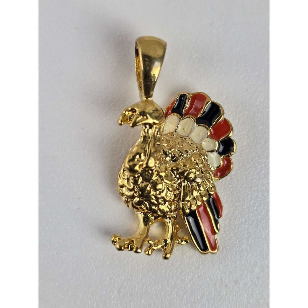 Gold Tone Enamel Turkey Pendant Charm Thanksgiving Holiday‎ Jewelry Red White